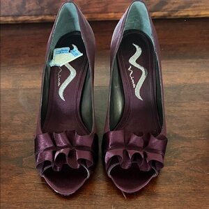Nina Plum Satin Ruffle Peep-Toe Pumps